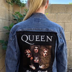 Queen graphic upcycled denim jacket
